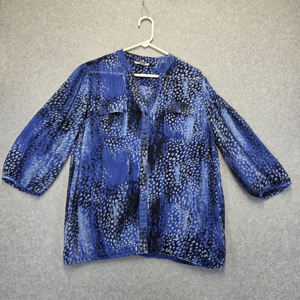 Roz & Ali Blue Boxy Blouse with Mandarin Collar